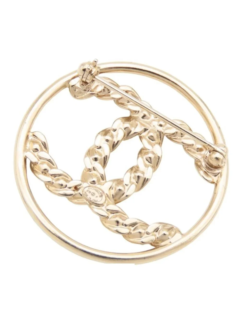 Chanel Brooch Gold Metal Rhinestone Circle CC Logo Costume